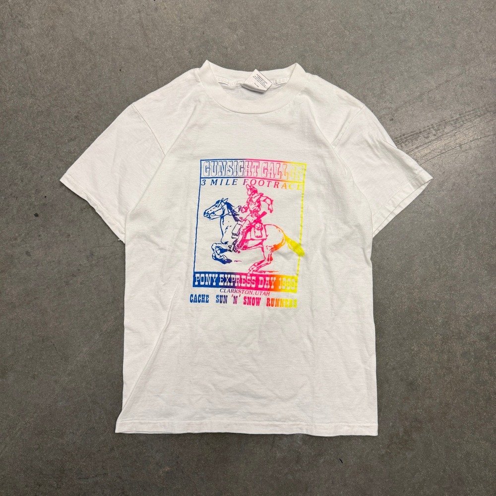 Vintage 1990‎ Gunsight Gallop Pony Express Day T-Shirt Oneita Power-T White Med